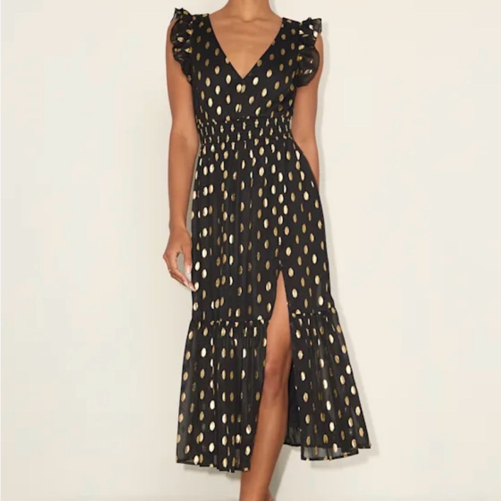 Lulus Cause to Celebrate Black and Gold Dot Ruffled Tiered Midi Dress